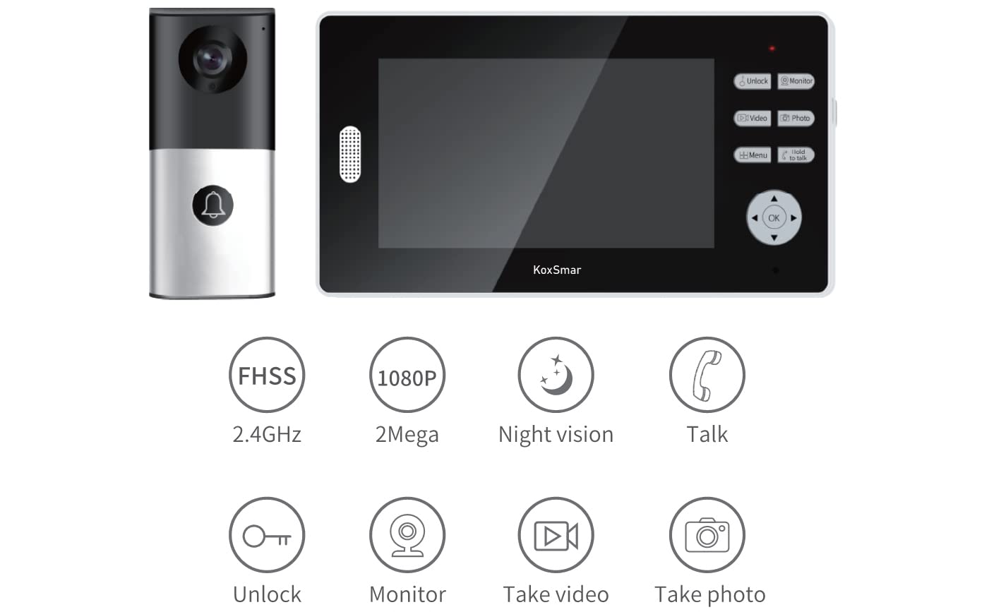 Wireless Video Doorbell Intercom with Monitor System,Non WIFI Doorbell 1080P HD Camera With 7 Inch Screen Support Unlock, Monitoring,Photograph,Video recording, for Villa Home Office Apartment