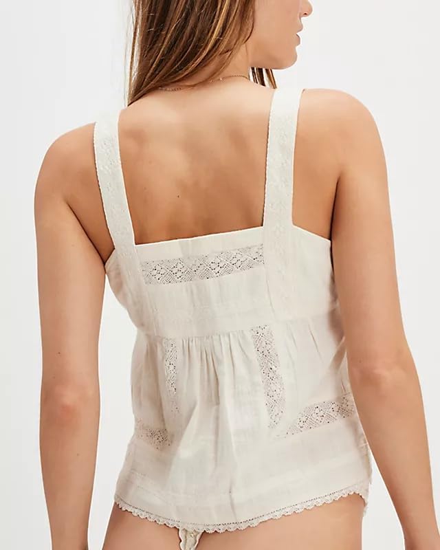 Lace Trim Tie Front Tank Tops for Women Cute Beach Sheer Ruffle Flowy Crop Blouse Boho Button Up Eyelet Cami Shirts - Image 3