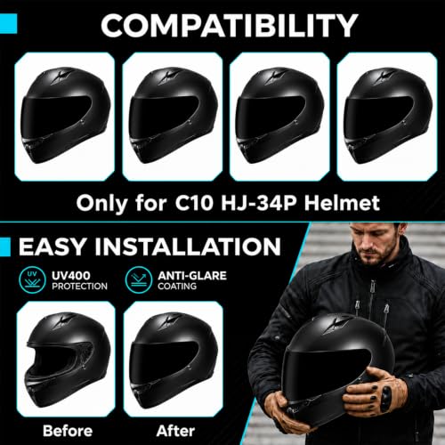 Image of PSLER Shatterproof Motorcycle Helmet Visor for HJ-34P C10,Deep Black | Impact-Resistant,UV400 Protection, Motorcycle Tinted Face Shield for HJ-34P C10,Visor Replacement