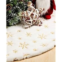 Christmas Tree Skirt 48 Inches, Faux Fur White Tree Skirt with Gloden Snowflakes, Soft Thick Christmas Tree Mat for Xmas Tree Decor, Large Tree Skirts for New Year Merry Christmas Tree Decorations