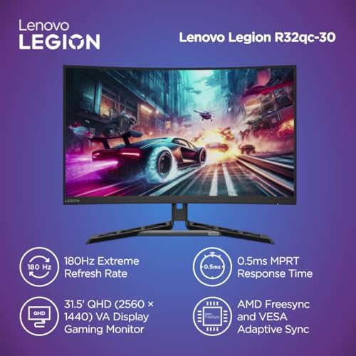 Lenovo Legion-R32qc-30 | 32" (81.2cm) QHD 180Hz Curved Gaming Monitor | 0.5ms, AMD FreeSync, 99% sRGB, 3Wx2Speaker, 2xHDMI 2.1 TMDS, 1xDP 1.4| Tilt, Swivel, Pivot, Height Adjust | Black | 67C8GAC1IN