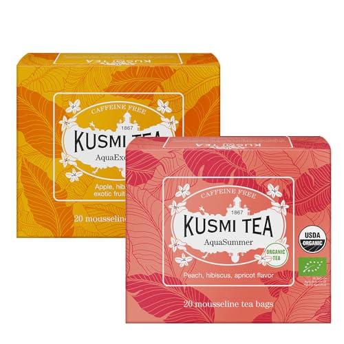 Kusmi Tea - 2er-Pack - AquaExotica & AquaSummer - Bio Kräutertee ohne Thein, fruchtig und lecker - Heiß oder als Eistee genießen - 2x20 Teebeutel.