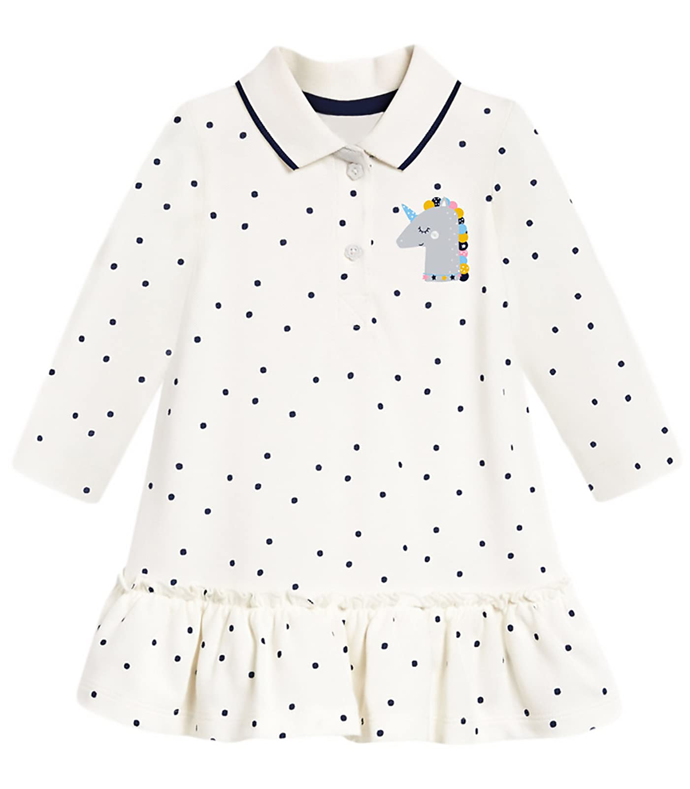 KISSOURBABYGirls Long Sleeve Pique Polo Dress（White Polka Dot-6T