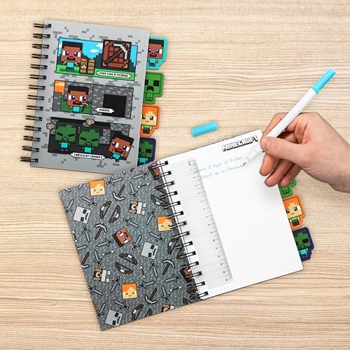 Paladone Minecraft Notebook Schreibwaren-Set für Jungen, offiziell lizenzierter A5 Spiral-gebundener Planer mit 4 Trennwänden und Lineal, Back to School Supplies