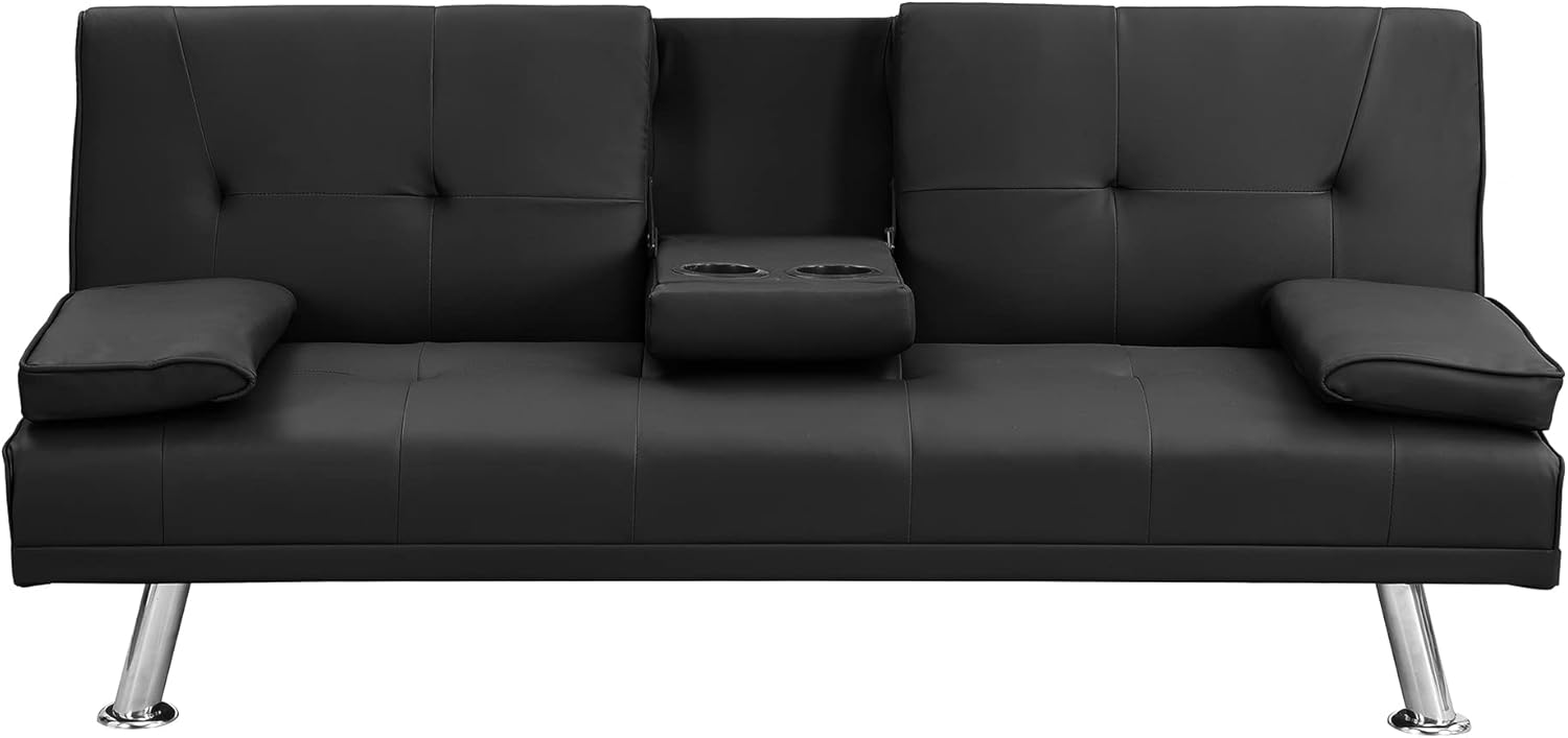 Futon Sofa Bed Modern Folding Futon Set PVC Leather Convertible Recliner Lounge with 2 Cup Holders, Wood Frame, Stainless Leg for Living Room (Black)