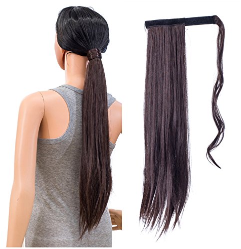 SWACC Women Long Straight/Curly Wavy Wrap Around Ponytail Extension Synthetic Hair Piece Clip in Hair extensions (Straight, 4#-Dark Brown)