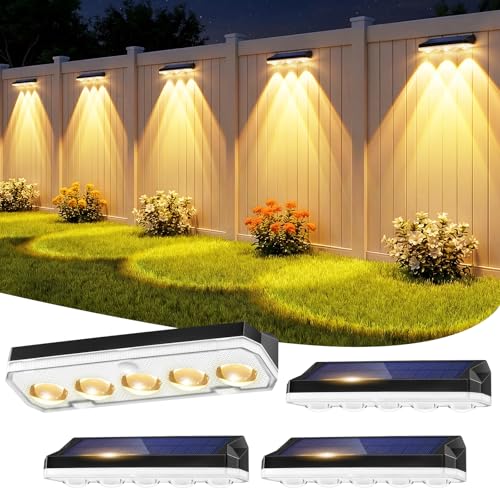 Wonkelly Solar Fence Lights Outdoor 4 Pack Solar Lights Outdoor Garden Warm White/Cool White& RGB 8 Colors 5 Lens 40 Lighting Modes IP65 Waterproof Outside Wall Light for Garage Yard Pathway