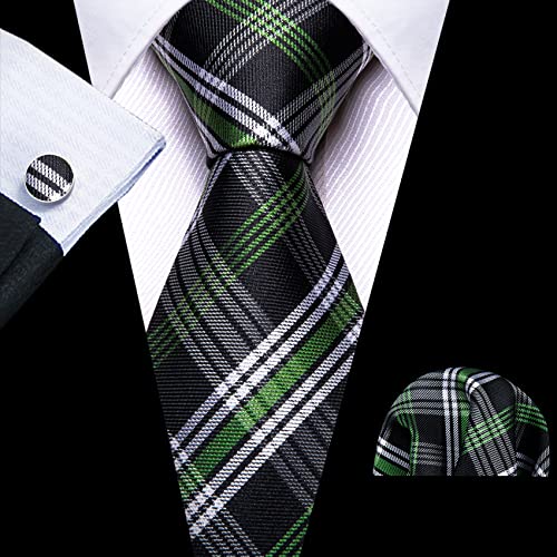 Image of Barry.Wang Plaid Ties for Men Silk Necktie Handkerchief Cuff Links Set