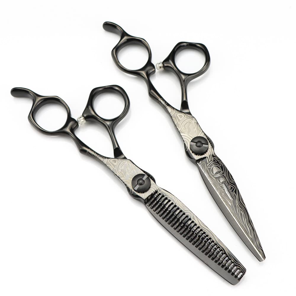 Professionelle Haarschneideschere 6 Zoll, hochwertige Schwarze Damastschere, Haarschneide- und Ausdünnschere, Friseurwerkzeug-Set mit Tasche (Set) (Set Tasche)