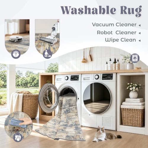 XLUEZ 5x7 Area Rugs for Living Room, Washable Modern Abstract Large Area Rug Neutral Soft Non Slip Kids Rug Stain Resistant Indoor Carpet for Bedroom Nursery Dining Room Playroom(BlueBeige, 5'x7') - image 2