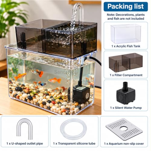 Image of SANSEFERO Mini Aquarium with Filter Pump Betta Tank Ideal for Home, Office Decoration Mini Table Aquarium for Turtle, Small Fishes & Bettas (ZG-001) - Stones & Plants Not Inlcuded