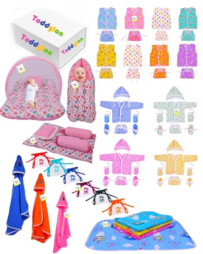 Image of Toddylon 56 in 1 New Born Baby Products All | Gift Packs | Maternity Kit | Baby Clothes | Baby Bedding | Essentials Items | Baby Shower | Infants Combo (Multicolor, 0-6 Months)