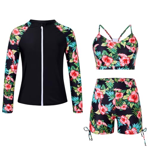 Image of Funnycokid Girls Swimsuit 3 Pieces Zip Rash Guard Bathing Suits Set Kids Bikini Boyshort Summer Swimwear 3-14 Years