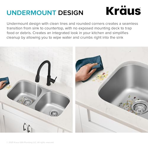 KRAUS Premier 32-inch Undermount 50/50 Double Bowl 18-Gauge Stainless Steel Kitchen Sink with Strainers (x2), KBU22 by Kraus - Image 7