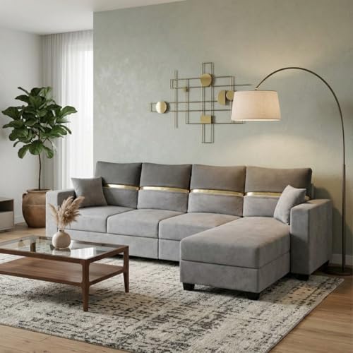 Image of Furny Arvea 5 Seater Fabric RHS L Shape Sofa Set (Light Grey-Dark Grey) | Soft Velvet Fabric | Modern Design | Comfortable Seating | Living Room Furniture