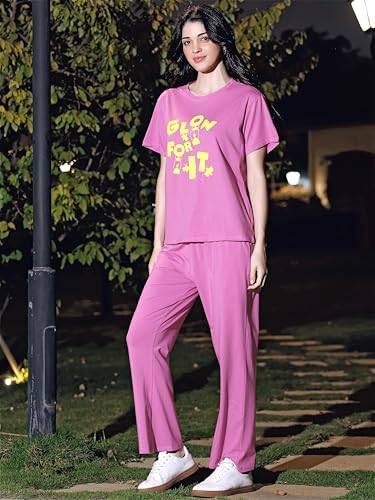 Image of ZEYO Night Suit for Women's Typography Printed Cotton Night Dress of Top and Wide Bottom Pyjama