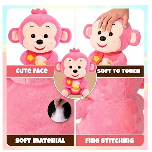 Image of Tickles Cute Smiling Muffler Monkey with Banana Soft Stuffed Plush Animal Toy for Kids Boys & Girls Birthday Gift (Size: 25 cm Color: Pink)