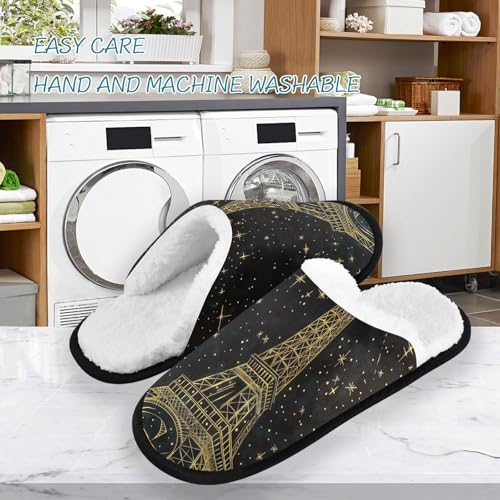 Gold Eiffel Tower Starry Sky Plush Slippers for Women Men Warm Comfortable Travel Spa Slipper Non-slip House Shoes3