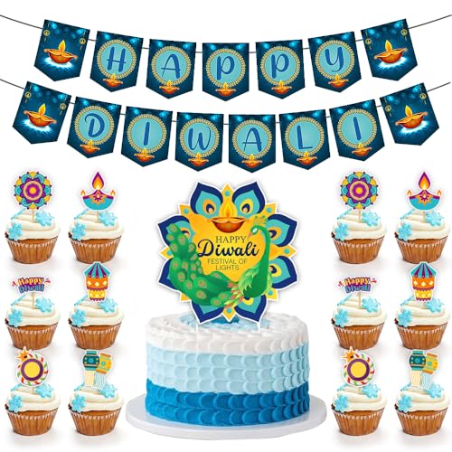 Fournitures de fête hindoues Happy Diwali : lot déco Deepavali avec bannière et topper gâteau