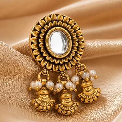 Image of Sayda JewelsGold Plated Antique Traditional Jhumka Earring Indian ethnic Temple design studs Chandbali Style Bridal, Wedding & Festive Jewellery For Women & Girls