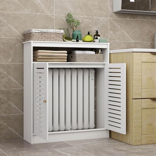 Moderna cubierta blanca para radiador de 90 cm, elegante protector de calentador de baño con estante de rejilla y 2 puertas, armario térmico para hogar y oficina (60 x 90 x 25 cm)
