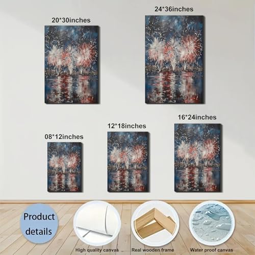 Image of Framed 4th of July Fireworks Cityscape Wall Art, Patriotic Abstract Canvas Art Pictures, USA Independence Day Wall Decor, Made in USA Ready to Hang for Living Room Bar
