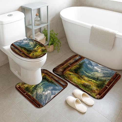 Rideau de douche polyester imperméable motif forêt rustique et tapis assorti - 6