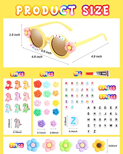 Cindeer 591 Pcs Kids Sunglasses DIY Kit 32 Cute Sunglasses 90 Rose Flower Dinosaur Charms 468 Letter Beads Glue(Round)2