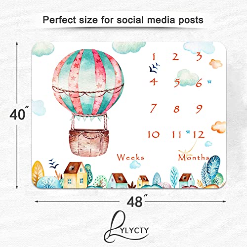 Image of Baby Monthly Milestone Blanket, City Cartoon Hot Air Balloon Baby Growth Chart Memory Blanket, 48x40 Inch Newborn Swaddle Blanket Nurse Receiving Blanket BTMLLY74