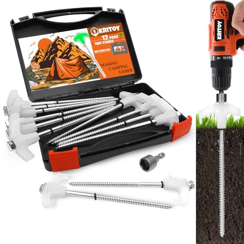 12 Pack Tent Stakes Heavy Duty - 8" Ground Anchors Screw in - Camping Stakes with Grow in The Dark Heads - Metal Threaded Tent Spikes with Hex Head Driver and Storage Box by KriToy - Used condition - US$18.99