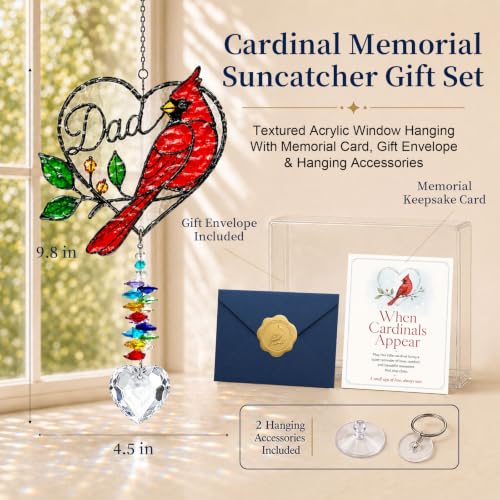 Image of Dad Memorial Ornament, Acrylic Heart Cardinal Suncatcher with Crystal Pendant, Stained Glass Style Christmas Tree Hanging Decor, Sympathy Gift for Loss of Father, Bereavement Remembrance Gift