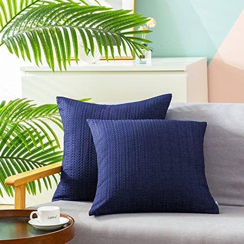 CaliTime Throw Pillow Cases Pack of 2 Waffle Weave Textured Soft Cushion Covers for Couch Sofa Home Farmhouse Decoration 18 X 18 Inches Navy Blue