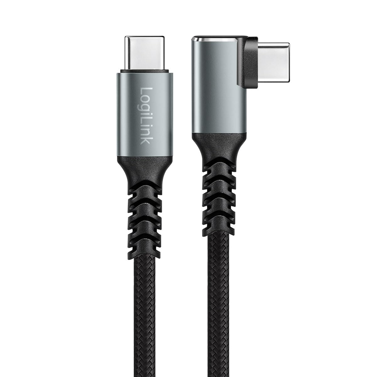 LogiLink Kabel przyłączeniowy USB 3.2 Gen2 typu C, wtyczka USB-C 90° do wtyczki USN-C, transmisja danych 10 Gbit/s, 100 W (PD3) i chipset E-marka, rozdzielczość wideo 4K/60Hz, płaszcz nylonowy