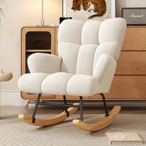 Image of VIRRMO Glider Rocking Chair for Bedroom Chair, Comfy Accent Chair Reading Chair with High Backrest Armchair Teddy Soft Upholstered Living Room Chairs for Nursery Bedroom Home (Milky White)