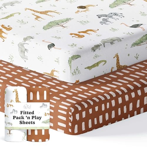 Image of Pack and Play Sheets Fitted, Mini Crib Sheets for Graco Pack N Play Playard (38x26), Ultra Soft Organic Cotton Blend, Safe & Snug Playpen Mattress Sheet for Baby Boys & Girls, Safari Adventure, 2-Pack
