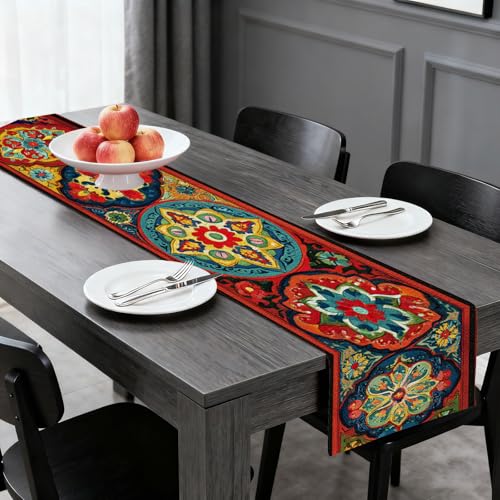 Image of Nuxovilar Multicolor Geometric Floral Flax Table Runner 13x72 in