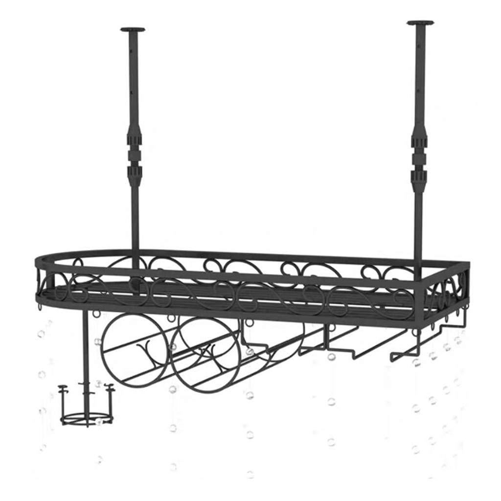 Hanging Wine Rack Wrought Iron Material Hollow Shape Upside Down Wine Glass Holder Home Restaurant bar Home Hanging Wine Rack Height Adjustable Black 60X25X32cm (100cm long)