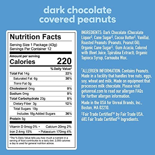 Unreal Dark Chocolate Peanut Gems | Certified Vegan Fair Trade, Non-Gmo | Made With Gluten Free Ingredients And Colors From Nature | No Sugar Alcohols Or Soy 1.5 Oz (Pack Of 12) #TOP4