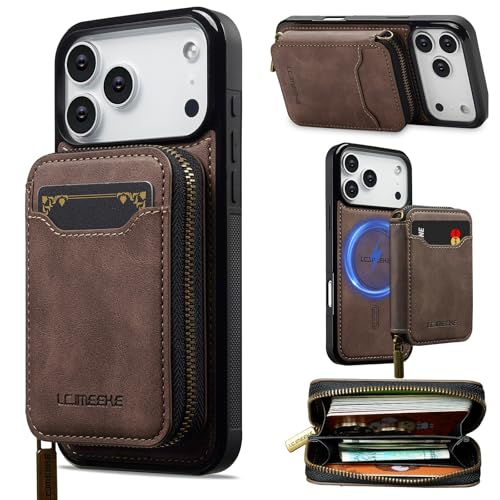 Étui portefeuille iPhone 15 Plus magnétique cuir café coque silicone fermeture éclair