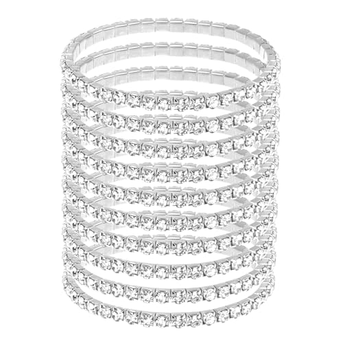 PENTA ANGEL Rhinestone Stretch Bracelets for Women 10Pcs 1920s Colorful Sparking Crystal Tennis Jewelry Bangle for Bridal Wedding Birthday Party Favor (Sliver 3mm)