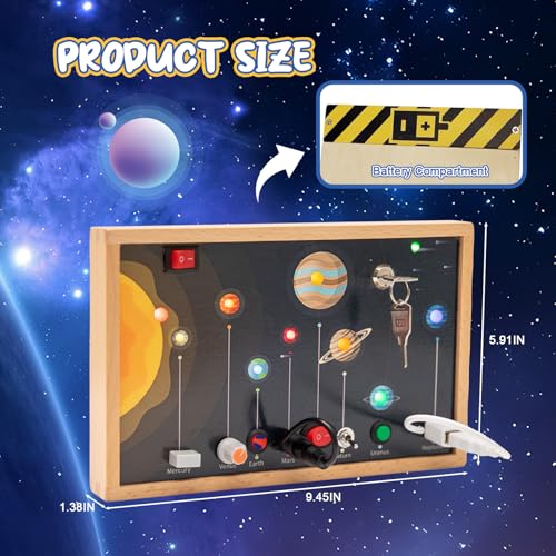 Image of Adena Montessori Solar System Busy Board, 1-6y | Safe wood, LED light switches & solar system theme. Boosts fine motor & sensory skills. Travel-friendly.
