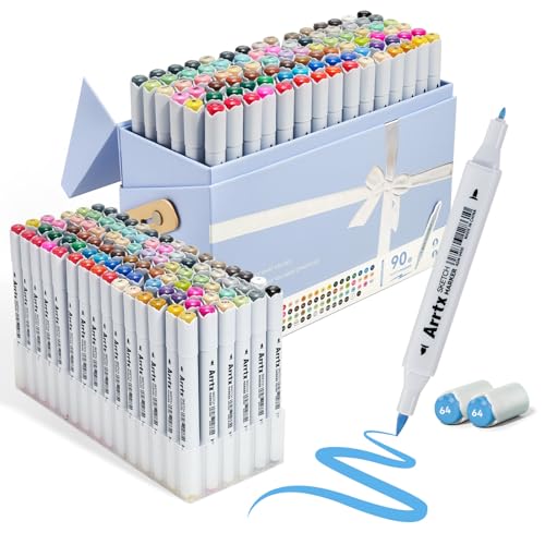 Arrtx 90色 アルコールマーカー デュアルチップ (ブラシ&ファイン) アートマーカー アーティスト用 プレミアムスケッチマーカー ケース付き 高顔料配合マーカー 大人のぬりえイラスト描画用