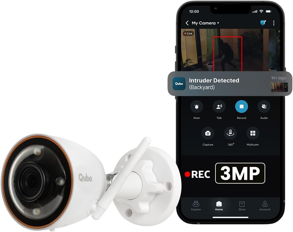 Qubo Smart Outdoor 3MP [2K] WiFi Bullet Camera by Hero Group | Color NightPulse Vision | CCTV cam | AI Person Detection | Smart Spotlight | IP66 Weatherproof | Made in India