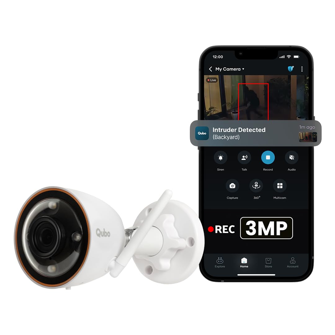 Qubo Smart Outdoor 3MP 2K WiFi Bullet Camera with mobile app showing intruder detection