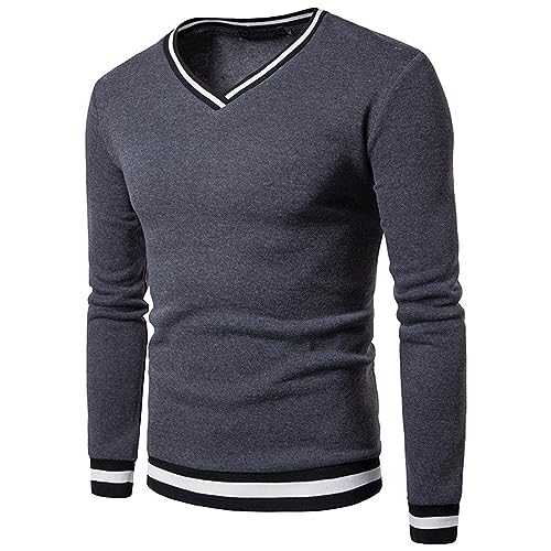 Mens Pullover V Neck Sweatshirt Fall Winter Slim Fit Sweat Shirts Casual Long Sleeve Knitted Jumper Ribbed Sweater