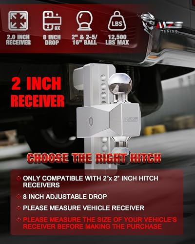Image of MZS Adjustable Trailer Hitch - Fits 2 Inch Receiver Hitch - 8-Inch Adjustable Drop Hitch - Heavy Duty Aluminum Tow Hitch for Truck(12,500 LBS GTW) Chrome