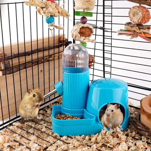 Image of 3 in 1 Multifunctional Hamster Water Bottle No Drip Gerbil 100ML Water Bottle Dispenser with Food Bowl Small Animal Auto Dispenser with Hideout Base Hamster Cage Accessories (Blue)