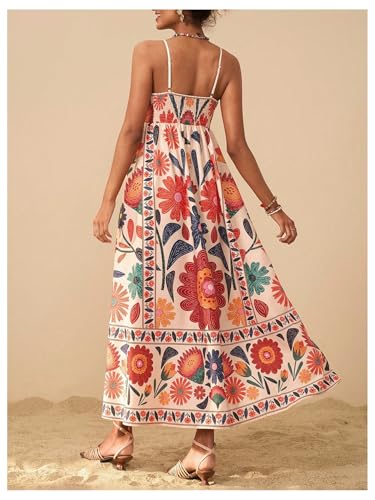 Floerns Women's Spaghetti Strap Tropical Dress Shirred Vacation Cami Maxi Dress3