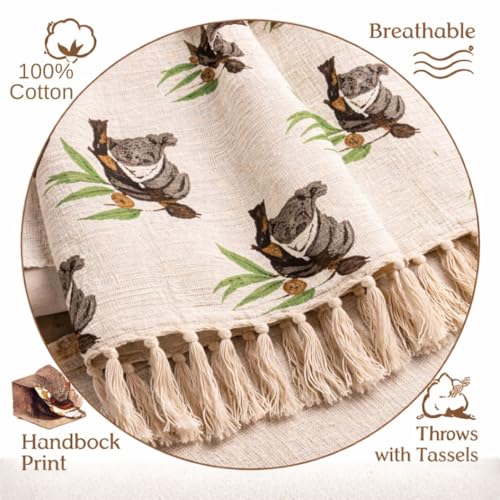 Image of Handblock Printed 100% Cotton 50x70 Inch Sofa Throw for Couch Breathable Lightweight & Decorative Living Room Blanket (Koala with Plant Print)