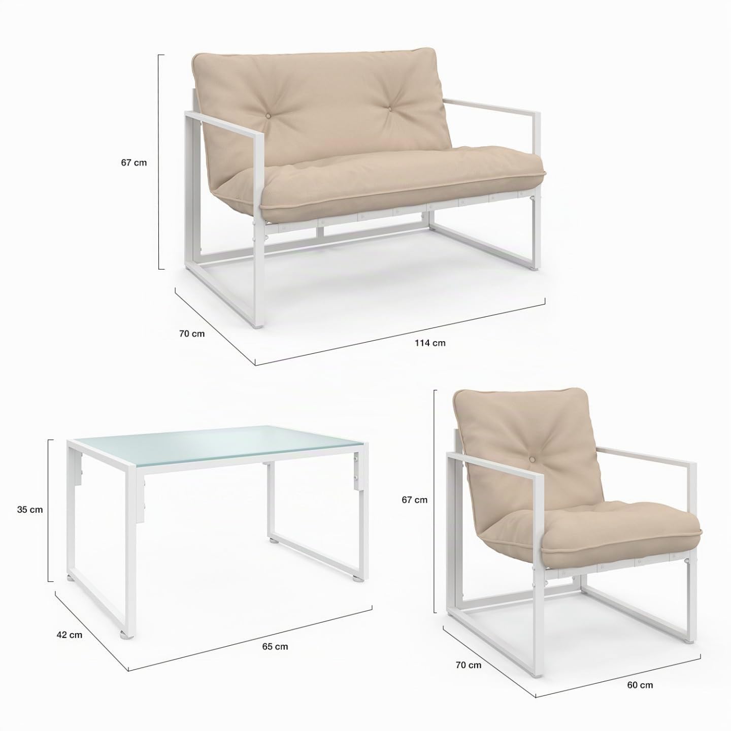 Nairobi Set di mobili da Giardino 4 posti Acciaio Bianco Cuscini Beige